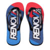 Ein Paar Flip-Flops in den Farben Rot, Blau und Weiß mit dem Schriftzug "RENOVA" und "DRIVEN BY SERVICE".