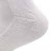 Eine Nahaufnahme von der Unterseite der Ferse einer weißen Socke von Innen. Das Material ist gerippt, was auf eine Polsterung hindeutet und besteht aus Frottee.