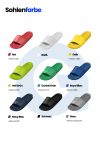 Eine Übersicht über verschiedene Sohlenfarben, darunter Rot, Gelb, Hellgrün, Dunkelgrün, Pink, Royalblau, Navyblau, Grau, Schwarz und Weiß. Für jede Farbe ist der entsprechende Pantone-Farbcode angegeben.