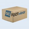 Ein kleiner brauner bedruckter Karton mit dem blauen und schwarzen Schriftzug "GC FOOTwear".