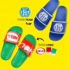 Two pairs of colourful flip-flops on a yellow background. At the top, a blue pair with a white club logo from Sportverein Mölkau 04 e.V. and the text “Your club” with an arrow pointing from the logo to the flip-flops. Below, a green pair with a red shoe bridge and a white HELA logo, as well as the text “Your logo” with an arrow pointing from the logo to the flip-flops. Next to it, colour specifications in Pantone red 485 C and Pantone green 7739 C.