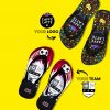 Two pairs of colourful flip-flops on a yellow background. At the top, a black and colourful pair with black straps and the Emmi ‘Caffe Latte’ logo. Next to it, the words ‘Your logo’ with an arrow pointing from the logo to the flip-flop. Below, a black, white and red pair with black straps and a logo print of the sports team ‘FCH’, next to it the inscription ‘Your club’ with an arrow pointing from the logo to the flip-flop.