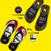 Two pairs of colourful flip-flops on a yellow background. At the top, a black and colourful pair with black straps and the Emmi ‘Caffe Latte’ logo. Next to it, the words ‘Your logo’ with an arrow pointing from the logo to the flip-flop. Below, a black, white and red pair with black straps and a logo print of the sports team ‘FCH’, next to it the inscription ‘Your club’ with an arrow pointing from the logo to the flip-flop.
