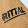Primer plano del nombre de la marca "RITTAL" con una línea inferior, impreso en negro sobre la superficie de gamuza marrón.