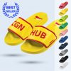 An advertising image showing a pair of yellow sandals with the letters “CGN” and ‘HUB’ embossed in red. On the right, there is a column displaying the same model in ten different colors: red, yellow, lime green, dark green, pink, bright blue, navy blue, gray, black, and white. In the upper left corner, there is a blue stamp that reads “BEST SELLER.”