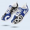 a pair of blue, black, and white sneakers featuring the word “FOOT” as part of the GC Footwear collection.