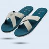 A pair of elegant sandals with a petrol blue base and light gray crisscross straps. The insole features the “DAS EDELWEISS” logo printed in white.