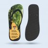 Top view of a Bio flip-flop showing a map of Sri Lanka and a list of benefits: FSC-certified rubber, Oeko-Tex-certified inks, and compostable packaging. The black natural rubber sole is shown on the side.