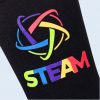 A detailed close-up of the DTF print on a black sock. The STEAM logo is visible in bright colors, along with a geometric icon of intertwined lines featuring a soft textured finish on the knitted fabric.