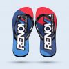 Top view of a pair of flip-flops with a tricolor graphic design (blue, red, and white) and the RENOVA brand name covering the entire sole.
